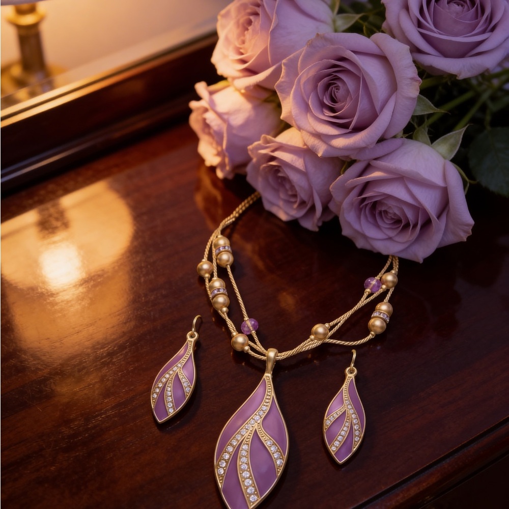Purple Enamel & Rhinestone Necklace Set - Gold-Tone Leaf Design